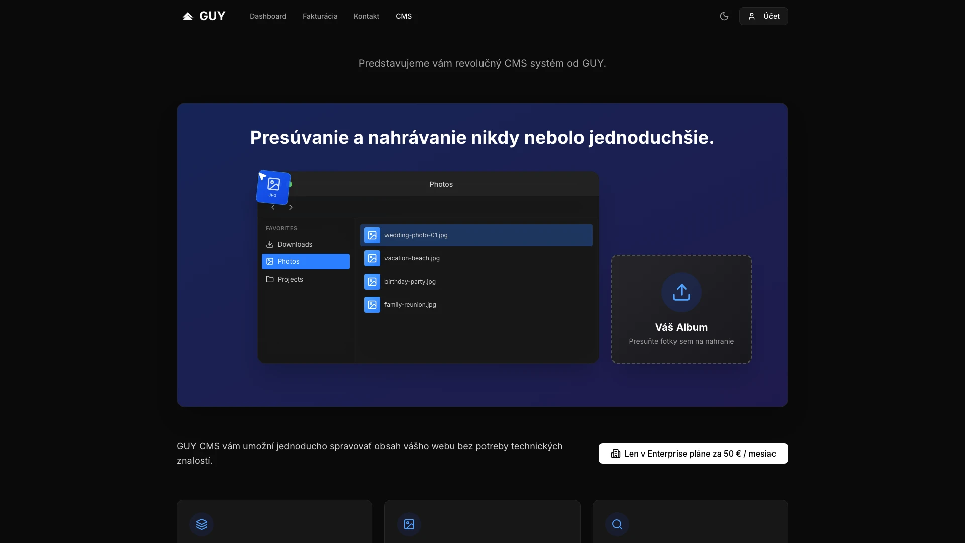 Guy App cms desktop view: CMS panel pre správu obsahu a médií