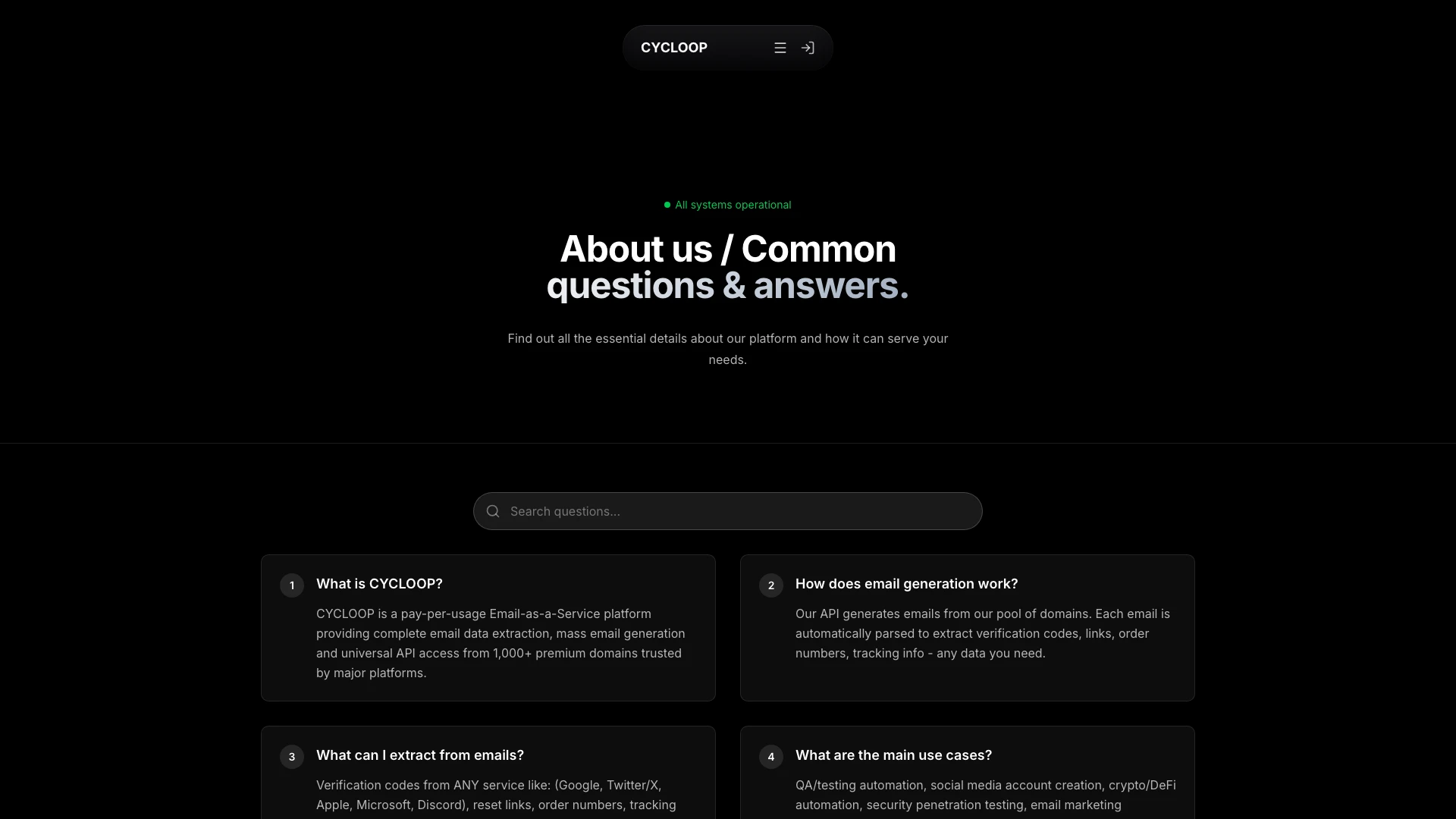 Cycloop faq desktop view: FAQ sekcia s najčastejšími otázkami