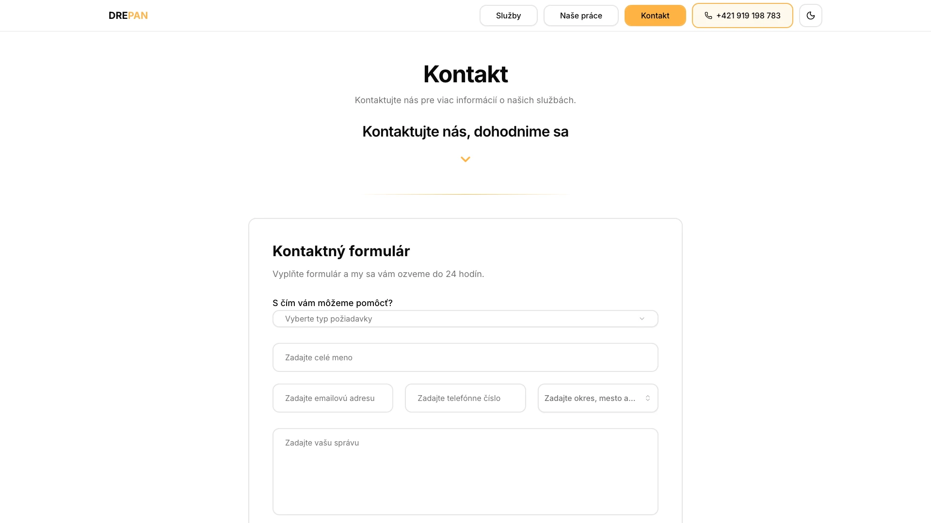 Drepan.sk kontakt desktop view: Kontaktná stránka s formulárom a mapou