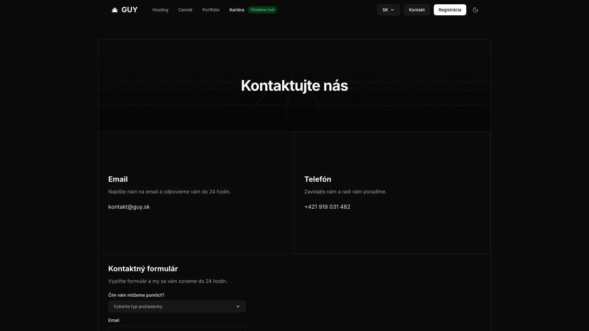 Guy.sk kontakt desktop view: Kontaktný formulár s Google Maps integráciou