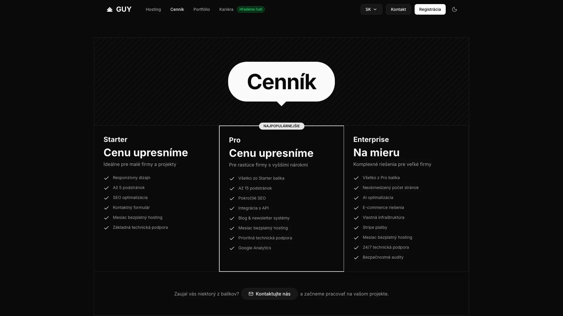 Guy.sk pricing desktop view: Cenníková stránka s balíčkami služieb a pricing kartami