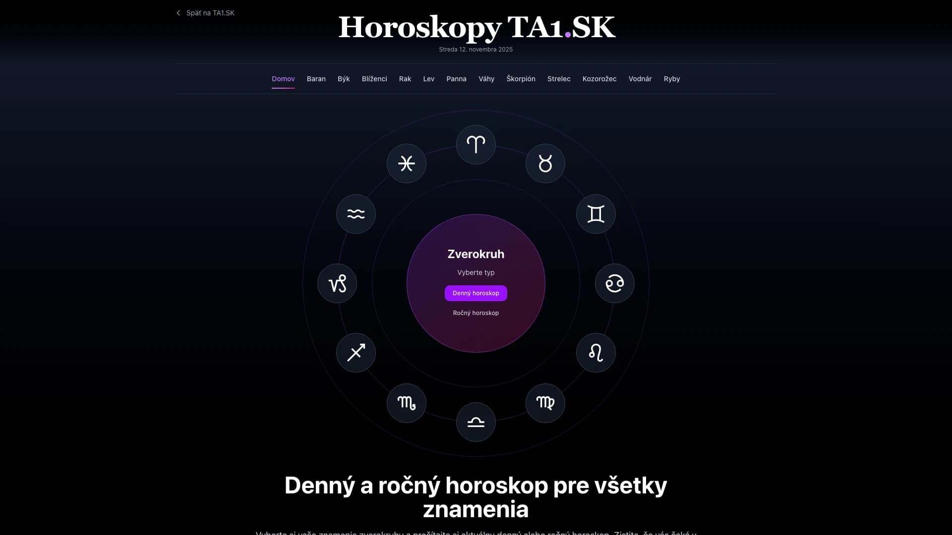 Horoskopy TA1 home desktop view: Denný horoskop pre všetky znamenia zverokruhu