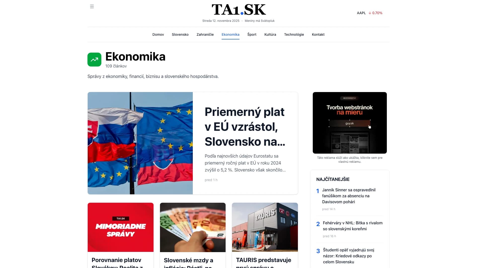 TA1.sk ekonomika desktop view: Ekonomické správy, finančné trhy a burzy