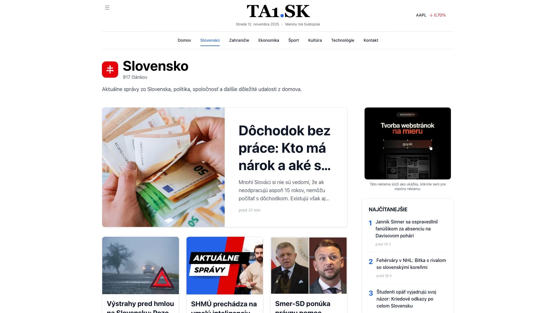 TA1.sk slovensko desktop view: Sekcia slovenských správ a politiky