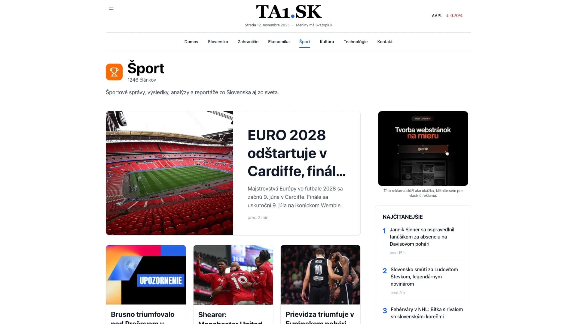 TA1.sk sport desktop view: Športové výsledky, reportáže a štatistiky