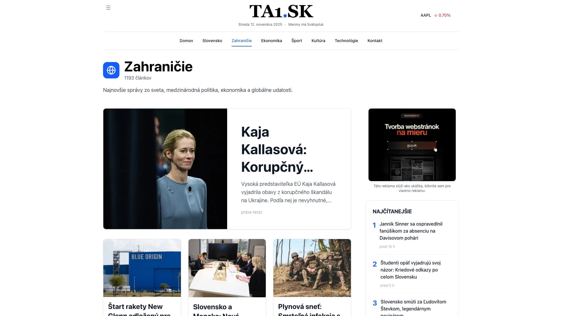 TA1.sk zahranicie desktop view: Medzinárodné správy a zahraničná politika