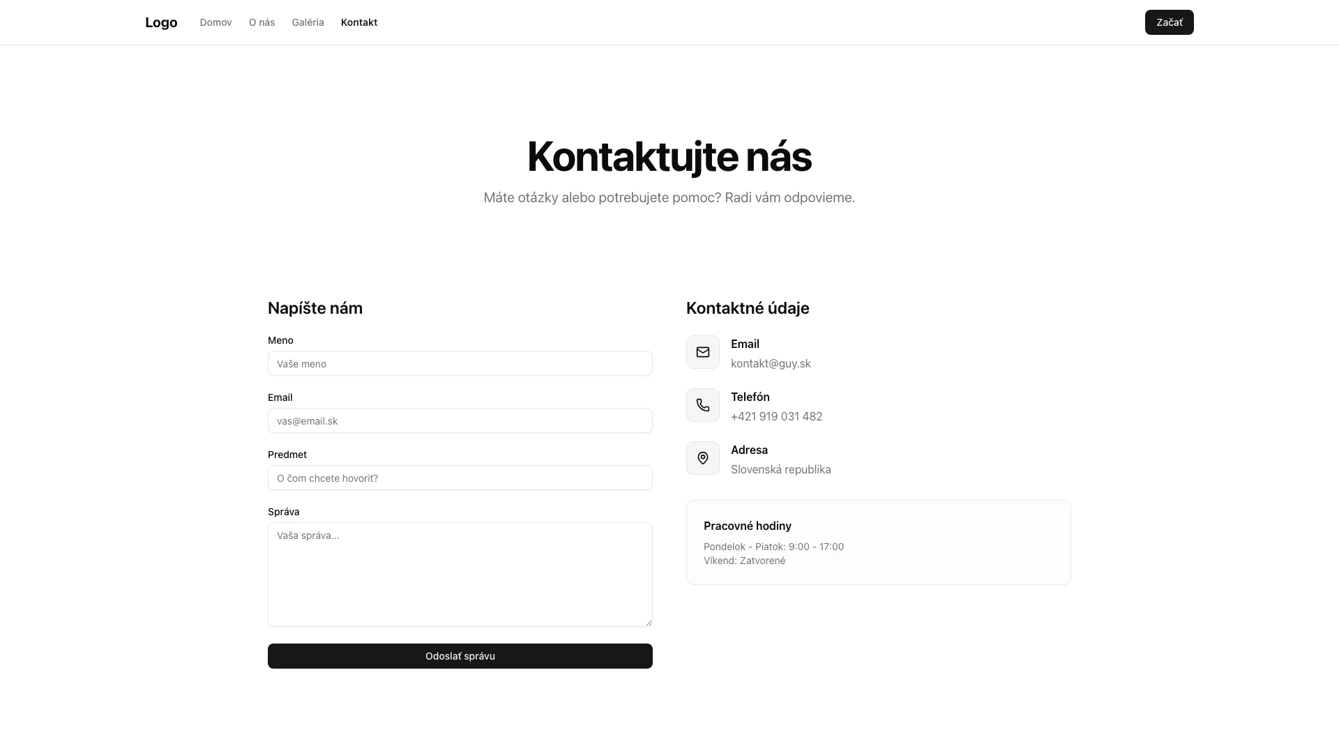 Guy Template kontakt desktop view: Kontaktná stránka s formulárom
